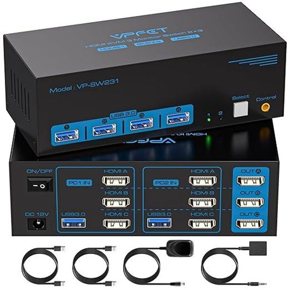 8K HDMI KVM Switch with 3 Monitors and USB Ports