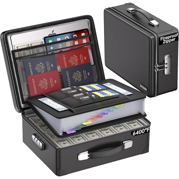 Fireproof Document Box with Lock and Multiple Pockets