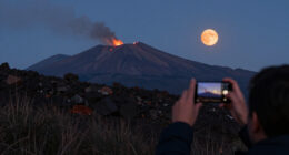 APOD: 2026 October 1 – Harvest Moon With Erupting Mount Etna